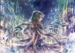 Rule 34 | 1girl, arms behind back, bad id, bad pixiv id, dress, floating hair, from behind, gloves, hair ornament, long hair, misaki yuu (misaki 1192), night, original, outdoors, own hands together, short sleeves, sky, smile, solo, standing, star (sky), star (symbol), star hair ornament, starry sky, very long hair, white gloves