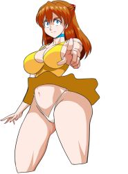 Rule 34 | 1girl, absurdres, alcione makoto, alternate breast size, bare legs, blue eyes, breasts, cleavage, clothes lift, covered navel, dress, dress lift, highres, index finger raised, large breasts, legs, lips, neon genesis evangelion, orange hair, panties, short dress, solo, souryuu asuka langley, sundress, thick thighs, thighs, thong, tsundere, underwear, white panties, wide hips, yellow dress
