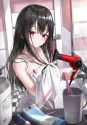 Rule 34 | 1girl, bathroom, black hair, blurry, blurry background, blurry foreground, blush, breasts, checkered floor, commentary, depth of field, hair dryer, highres, holding, holding hair dryer, holding towel, indoors, looking at viewer, mirror, naked towel, original, pink eyes, sink, solo, superpig, symbol-only commentary, toothbrush, toothpaste, towel, wet