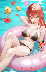Rule 34 | 1girl, :p, absurdres, aqua eyes, arm behind head, bikini, black bikini, breasts, chungla, collarbone, cup, drink, drinking glass, flower, highres, holding, holding cup, large breasts, looking at viewer, navel, navel piercing, original, petals, piercing, pool, red flower, rubber duck, sitting, swimsuit, thighs, tongue, tongue out, water, wet