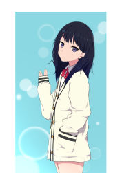 Rule 34 | 1girl, bad id, bad pixiv id, black hair, blue background, blue eyes, cardigan, commentary request, from side, gridman universe, hand in pocket, l.tea, long hair, long sleeves, looking at viewer, red ribbon, ribbon, solo, ssss.gridman, takarada rikka, white cardigan
