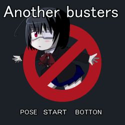 Rule 34 | 1girl, another, black hair, blazer, blush, bow, chibi, english text, engrish text, eyepatch, ghostbusters, jacket, kani club, misaki mei, no symbol, outstretched arms, parody, pun, ranguage, red eyes, school uniform, short hair, solo, spread arms