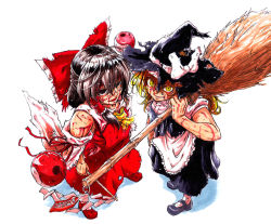 Rule 34 | apron, ascot, black footwear, blonde hair, blood, bow, broom, brown hair, collared shirt, commentary, commentary request, detached sleeves, gohei, grin, hair bow, hair tubes, hakurei reimu, hat, hat bow, hat ribbon, injury, japanese clothes, kirisame marisa, koyubi (littlefinger1988), large bow, looking at viewer, miko, multiple girls, orb, puffy short sleeves, puffy sleeves, red footwear, ribbon, shirt, short sleeves, simple background, skirt, smile, teeth, torn clothes, touhou, vest, white background, wide sleeves, witch, witch hat, yellow eyes, yin yang, yin yang orb
