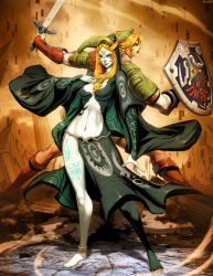 Rule 34 | 1boy, 1girl, back-to-back, barefoot, blonde hair, blue eyes, blue skin, boots, breasts, breasts apart, colored skin, epic, front ponytail, genzoman, hood, hylian shield, link, long hair, master sword, md5 mismatch, midna, midna (true), nintendo, orange hair, pelvic curtain, pointy ears, shield, skinny, slender, spoilers, sword, the legend of zelda, the legend of zelda: twilight princess, weapon