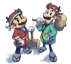 Rule 34 | 2boys, brothers, brown hair, clothing request, facial hair, gloves, hammer, highres, holding, holding hammer, japanese clothes, looking at viewer, luigi, mario, mario &amp; luigi rpg, mario &amp; luigi rpg (style), mario (series), multiple boys, mustache, nintendo, shadow, short hair, siblings, simple background, white background, white gloves, ya mari 6363