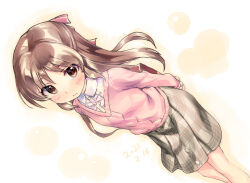 Rule 34 | 1girl, arms behind back, blush, bow, brown eyes, brown hair, collared shirt, dated, feet out of frame, gift, hair bow, holding, holding gift, idolmaster, idolmaster cinderella girls, kawaseki, long hair, long sleeves, looking at viewer, pink sweater, plaid, plaid skirt, shirt, simple background, skirt, solo, sweater, tachibana arisu, valentine, wavy mouth, white shirt
