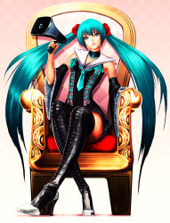 Rule 34 | 1girl, alternate costume, aqua eyes, aqua hair, boots, cross-laced footwear, detached sleeves, hatsune miku, high heel boots, high heels, highres, long hair, megaphone, seppy, shoes, sitting, solo, thigh boots, thighhighs, throne, twintails, vocaloid