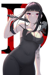 Rule 34 | 1girl, absurdres, axe, barcode, barcode tattoo, black bra, black dress, black hair, black nails, blunt bangs, bra, breast tattoo, breasts, character name, d (killer wife) (nikke), d (nikke), dongtan dress, dress, earpiece, goddess of victory: nikke, hatchet (axe), heart, heart necklace, highres, holding, holding weapon, jewelry, long hair, medium breasts, meme attire, nail polish, necklace, official alternate costume, red eyes, solo, tattoo, underwear, weapon, yuyuchi (gyazaa)