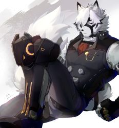 Rule 34 | 1boy, absurdres, animal ears, black eyes, boots, breast pocket, clenched hand, collared shirt, collared vest, fingerless gloves, fur, furry, furry male, gloves, grey vest, highres, pocket, shabi96522, shirt, simple background, solo, tail, vest, von lycaon, white fur, white hair, wolf boy, wolf ears, wolf tail, zenless zone zero