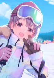 Rule 34 | 1girl, beanie, blue sky, blush, brown eyes, brown hair, cloud, commentary request, day, drawstring, fur-trimmed jacket, fur trim, gloves, goggles, goggles on head, hands up, hat, highres, holding, idolmaster, idolmaster cinderella girls, jacket, leaning to the side, long sleeves, mountain, otokura yuuki, outdoors, pink gloves, red hat, ski goggles, sky, sleeves past wrists, snow, solo, uso (ameuzaki), v, white jacket