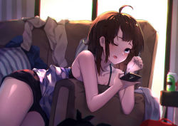 Rule 34 | 1girl, ;o, ahoge, backlighting, bare arms, bare shoulders, black bra, black shorts, blue eyes, bra, brown hair, can, cellphone, couch, day, drink can, drooling, highres, holding, holding phone, indoors, looking at viewer, mr.lime, on couch, one eye closed, open mouth, original, phone, pillow, saliva, short hair, short shorts, shorts, sleeveless, smartphone, soda can, solo, towel, trash bag, underwear