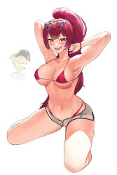 Rule 34 | 1girl, :d, absurdres, areola slip, arm behind head, armpits, arms up, bare arms, bikini, bikini under clothes, blush, breasts, cleavage, collarbone, commentary request, eyewear on head, fang, full body, hat, heart, heart-shaped eyewear, heterochromia, highres, hololive, houshou marine, houshou marine (summer), large breasts, listener (inugami korone), long hair, looking at viewer, micro shorts, mr tangsuyuk, navel, open mouth, pink-tinted eyewear, pirate hat, ponytail, red bikini, red eyes, red hair, shorts, sitting, skin fang, smile, solo, stomach, sunglasses, sweat, swimsuit, tinted eyewear, virtual youtuber, white shorts, yellow eyes