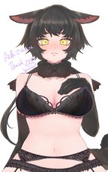 Rule 34 | 1girl, animal ears, arm at side, black bra, black hair, black serval (kemono friends), bow, bowtie, bra, breasts, byakko (byakko tw), cat ears, cat girl, cat tail, closed mouth, commission, ears down, elbow gloves, eyebrows hidden by hair, frills, furrowed brow, garter belt, garter straps, gloves, hand on own chest, hand up, highres, kemono friends, kemono friends 3, large breasts, light smile, looking at viewer, navel, scarf, short bangs, short hair, solo, stomach, straight-on, tail, underwear, upper body, yellow eyes