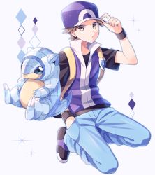 Rule 34 | 1boy, alolan form, alolan sandshrew, alternate color, backpack, bag, blue pants, brown eyes, brown hair, commentary request, creatures (company), diamond (shape), game freak, gen 7 pokemon, hand in pocket, hand on headwear, hat, jacket, looking at viewer, nintendo, pants, pokemon, pokemon (creature), pokemon frlg, purple headwear, purple jacket, red (pokemon), scbstella, shirt, shoes, short hair, short sleeves, sleeveless, sleeveless jacket, vs seeker, white background, wristband, yellow bag