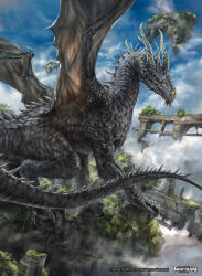 animal_focus blue_sky claws cloud cloudy_sky copyright_name day dragon floating_island force_of_will highres horns mad_(artist) monster moss no_humans official_art outdoors realistic rock sky solo spikes tail watermark western_dragon wings