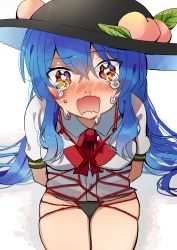 Rule 34 | 1girl, bdsm, blue hair, bondage, bound, bow, breasts, crying, crying with eyes open, food, fruit, hat, highres, hinanawi tenshi, holding, holding behind back, long hair, looking at viewer, open mouth, panties, peach, red eyes, rope, shibari, shibari over clothes, shirt, short sleeves, sitting, solo, tamagogayu1998, tears, touhou, underwear, very long hair