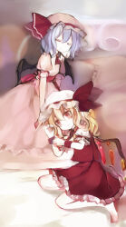 Rule 34 | 2girls, ascot, back bow, barefoot, bat wings, black wings, blonde hair, bow, brooch, closed eyes, closed mouth, collared shirt, crystal, flandre scarlet, frilled skirt, frilled sleeves, frills, full body, hair between eyes, hat, hat ribbon, highres, jewelry, long skirt, medium hair, mob cap, multicolored wings, multiple girls, nekoha, pink headwear, pink shirt, pink skirt, puffy short sleeves, puffy sleeves, purple hair, red ascot, red brooch, red ribbon, red skirt, red vest, remilia scarlet, ribbon, shirt, short sleeves, siblings, sisters, skirt, skirt set, sleeve ribbon, touhou, vest, white headwear, white shirt, wings, yellow ascot
