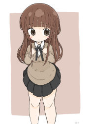 Rule 34 | 1girl, absurdres, amagami, black bow, black skirt, blush stickers, bow, breasts, brown background, brown eyes, brown hair, brown sweater, closed mouth, collared shirt, commentary request, dress shirt, hands up, highres, kamizaki risa, long hair, long sleeves, pleated skirt, puffy long sleeves, puffy sleeves, rururu (pyrk8855), shirt, skirt, sleeves past wrists, small breasts, solo, sweater, two-tone background, very long hair, white background, white shirt