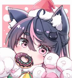 Rule 34 | absurdres, ahoge, animal ear fluff, animal ears, animal hands, bell, black hair, blush, braid, cat-shaped pupils, cat ears, cat hair ornament, cheek bulge, claw pose, claws, crown braid, dated, doughnut, eyelashes, food, food in mouth, fur collar, gloves, hair ornament, hat, highres, mouth hold, multicolored hair, original, paw gloves, paw pose, pink eyes, pink hair, portrait, santa hat, short eyebrows, swept bangs, symbol-shaped pupils, wuhuo