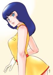 Rule 34 | 1girl, aobito sukoyaka bystander, beige background, blue eyes, blue hair, blush, breasts, dress, eyebrows hidden by hair, fa yuiry, from side, gloves, gundam, looking at viewer, looking down, medium breasts, open hand, parted lips, solo, white dress, white gloves, zeta gundam