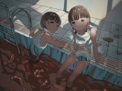 Rule 34 | 2girls, arm support, blood, braid, brown eyes, brown hair, expressionless, female focus, guro, intestines, invisible, looking at viewer, low twin braids, multiple girls, one-piece swimsuit, original, partially submerged, pool, pool of blood, poolside, railing, shadow, sitting, soaking feet, swimsuit, tensen (dotted line), tile, twin braids, what