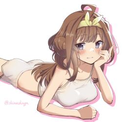 Rule 34 | 1girl, alternate costume, breasts, brown hair, casual one-piece swimsuit, commentary request, crop top, dolphin shorts, double bun, grey eyes, hair bun, hair ribbon, hand on own cheek, hand on own face, highres, kantai collection, kongou (kancolle), liking, long hair, lying, medium breasts, midriff, on stomach, one-piece swimsuit, ribbon, shorts, solo, swimsuit, white background, white shorts, yellow ribbon
