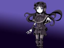 Rule 34 | 10s, 1girl, abyssal ship, black dress, black hair, blue eyes, bow, colored skin, commentary, dress, gothic lolita, gradient background, hairband, horns, kantai collection, lolita fashion, lolita hairband, long hair, northernmost landing princess, pantyhose, purple background, sixten, solo, white skin