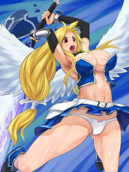 Rule 34 | 1girl, angel wings, areola slip, astraea (sora no otoshimono), blonde hair, bow, bow panties, breasts, broken, broken chain, chain, cleavage, highres, large breasts, long hair, navel, nora (nora7), open mouth, panties, red eyes, solo, sora no otoshimono, sword, underwear, very long hair, weapon, white panties, wings