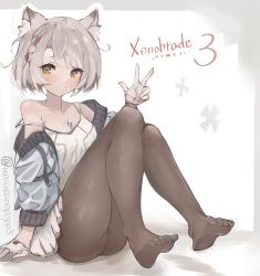 Rule 34 | 1girl, animal ears, arm support, ass, bad id, bad pixiv id, black pantyhose, blush, breasts, brown eyes, cat ears, chest jewel, copyright name, cross, fingerless gloves, gloves, inaba (usanopo), jacket, long hair, looking at viewer, mio (xenoblade), pantyhose, short hair, shoulder strap, simple background, sitting, skirt, smile, solo, tank top, twitter username, v, white gloves, white hair, white tank top, xenoblade chronicles (series), xenoblade chronicles 3