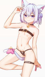 Rule 34 | 1girl, absurdres, animal ear fluff, animal ears, bare arms, bare shoulders, barefoot, bell, belt bra, between legs, black choker, bow, braid, breasts, brown background, cat ears, cat girl, cat tail, choker, closed mouth, collarbone, crescent, groin, hair between eyes, heart, highres, jingle bell, looking at viewer, luami, miaoema, navel, neck bell, nyan, nyan nyan miruku, pink bow, pubic tattoo, purple eyes, romaji text, silver hair, simple background, small breasts, smile, solo, tail, tail bell, tail between legs, tail bow, tail ornament, tattoo, virtual youtuber