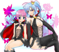 Rule 34 | 2girls, arsene, arsene (cosplay), bad id, bad pixiv id, blue eyes, blue hair, blush, breasts, bug, butterfly, cleavage, clothing cutout, cosplay, cross-laced clothes, cross-laced cutout, crossed legs, dress, elbow gloves, flat chest, flower, gloves, henriette mystere, holding hands, insect, large breasts, latex, latex dress, latex gloves, maa (29kuu), multiple girls, pink hair, purple eyes, sherlock shellingford, sitting, small breasts, tantei opera milky holmes, thighhighs, twintails