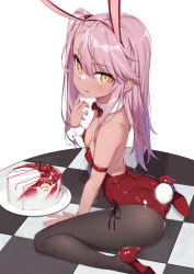 Rule 34 | 1girl, :q, animal ears, ass, bare shoulders, black pantyhose, bow, bowtie, breasts, cake, chloe von einzbern, commentary request, dark-skinned female, dark skin, detached collar, fake animal ears, fake tail, fate/kaleid liner prisma illya, fate (series), finger to mouth, food, hair between eyes, hair bobbles, hair ornament, high heels, kylin, leotard, long hair, looking at viewer, pantyhose, pink hair, playboy bunny, rabbit ears, rabbit tail, red bow, red footwear, red leotard, shoes, side ponytail, sitting, small breasts, solo, tail, tongue, tongue out, wariza, wrist cuffs, yellow eyes