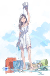 Rule 34 | 1girl, arm up, barefoot, black hair, bucket, canister, closed eyes, dress, gradient background, kettle, open mouth, original, pomodorosa, pouring, sandals, unworn sandals, solo, water, watering can, wet