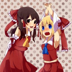 Rule 34 | 2girls, alice margatroid, armpits, arms up, ascot, blonde hair, blue eyes, blush, bow, breasts, brown eyes, brown hair, cosplay, detached sleeves, fang, female focus, hair bow, hakurei reimu, hakurei reimu (cosplay), holding another&#039;s wrist, japanese clothes, long hair, miko, multiple girls, navel, open mouth, polka dot, polka dot background, short hair, sideboob, small breasts, smile, touhou, tsuno no hito