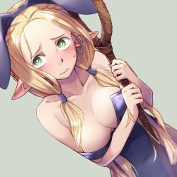 Rule 34 | 1girl, 3:, animal ears, bare shoulders, blonde hair, blush, braid, breasts, bright pupils, rabbit ears, cleavage, closed mouth, covered navel, dungeon meshi, elf, embarrassed, fake animal ears, green eyes, hair tubes, hairband, holding, holding staff, leotard, long hair, low twintails, marcille donato, medium breasts, mochi (mochi444420), pantyhose, playboy bunny, pointy ears, purple hairband, purple leotard, solo, staff, strapless, strapless leotard, twintails, white pupils