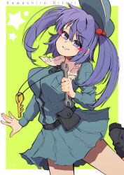 Rule 34 | 1girl, aqua headwear, belt, black belt, black footwear, blue dress, blue eyes, blue hair, blush stickers, boots, border, breasts, cabbie hat, carte, character name, cowboy shot, dress, hair between eyes, hat, head tilt, highres, holding, holding wrench, jewelry, kawashiro nitori, key, key necklace, large breasts, necklace, smile, star (symbol), touhou, two side up, white border, wrench, yellow background, zipper