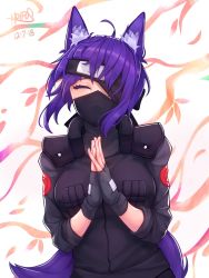 Rule 34 | 1girl, absurdly long hair, ahoge, animal ears, artist name, black gloves, borrowed character, breasts, commission, cosplay, dated, closed eyes, fingerless gloves, gloves, happy, hatake kakashi, hatake kakashi (cosplay), highres, hoipus, large breasts, long hair, long sleeves, looking at viewer, naruto, naruto (series), original, purple hair, signature, solo, tail, very long hair, wolf ears, wolf tail