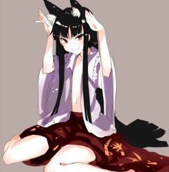 Rule 34 | 1girl, animal ears, bad id, bad pixiv id, barefoot, black hair, cat ears, extra ears, flat chest, houraisan kaguya, kemonomimi mode, long hair, looking at viewer, midriff, navel, ookamisama, open clothes, open shirt, rabbit pose, shirt, simple background, sitting, skirt, smile, solo, touhou, very long hair, wariza