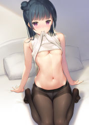 Rule 34 | 10s, 1girl, arm support, bare arms, bare shoulders, bed, bed sheet, black pantyhose, blue hair, blunt bangs, blush, breasts, clothes lift, commentary request, cushion, feet, from above, hair bun, lifted by self, long hair, looking at viewer, love live!, love live! sunshine!!, mignon, navel, no bra, no shoes, on bed, panties, panties under pantyhose, pantyhose, purple eyes, seiza, shiny clothes, shiny skin, shirt lift, side bun, single hair bun, single side bun, sitting, skindentation, sleeveless, small breasts, solo, tsushima yoshiko, turtleneck, underboob, underwear, white panties