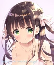 Rule 34 | 1girl, absurdres, bare shoulders, bow, breasts, brown hair, character name, cleavage, closed mouth, collarbone, commentary request, dress, gochuumon wa usagi desu ka?, green eyes, hair bow, happy birthday, highres, large breasts, long hair, neki (wakiko), pink background, pink bow, pink dress, smile, solo, strap slip, two side up, ujimatsu chiya, upper body