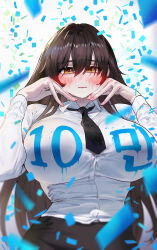 Rule 34 | 1girl, absurdres, black necktie, blush, brown eyes, brown hair, closed mouth, clothes writing, collared shirt, confetti, ghdwid, hair between eyes, hand on own face, highres, long hair, necktie, nervous, original, shirt, short necktie, simple background, solo, upper body, very long hair, white background