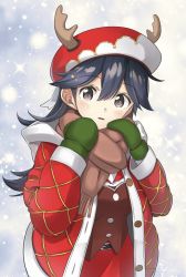 Rule 34 | 1girl, antlers, black hair, blush, brown eyes, brown scarf, buttons, coat, fringe trim, hair between eyes, highres, horns, kantai collection, long hair, long sleeves, looking at viewer, mittens, negahami, open clothes, open coat, open mouth, red coat, red headwear, reindeer antlers, scarf, solo, upper body, ushio (kancolle)
