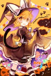 Rule 34 | 1girl, adapted costume, alternate costume, animal, animal ears, azuma aya, back, bat (animal), bell, black gloves, blonde hair, bloomers, bow, braid, candy, cat ears, chocolate, cloud, crescent moon, fang, food, frills, gloves, hair bow, hair ornament, halloween, hat, hat ribbon, jack-o&#039;-lantern, kemonomimi mode, kirisame marisa, kneehighs, lollipop, long sleeves, looking at viewer, looking back, moon, open mouth, puffy sleeves, ribbon, shirt, short hair, side braid, single braid, skirt, skirt hold, skirt set, smile, socks, solo, striped clothes, striped socks, sweets, tail, text focus, touhou, underwear, vest, witch hat, yellow eyes