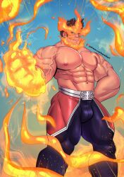 Rule 34 | 1boy, abs, bara, beard, boku no hero academia, bulge, endeavor (boku no hero academia), facial hair, feet out of frame, fiery hair, fire, flaming hand, highres, large pectorals, looking at viewer, male focus, mature male, mavekkart, muscular, muscular male, navel, nipples, pectorals, pyrokinesis, scar, scar across eye, scar on face, short hair, solo, sparkle, spiked hair, standing, superhero costume, thick thighs, thighs, topless male, veins, veiny arms