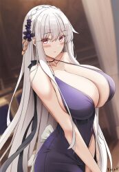 Rule 34 | 1girl, artist name, bare arms, bare shoulders, blue dress, blush, breasts, cleavage, collarbone, commentary request, dress, earrings, girls&#039; frontline, hair ornament, highres, jewelry, kar98k (girls&#039; frontline), keenh, large breasts, long hair, looking at viewer, red eyes, smile, solo, white hair