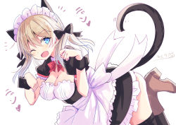 Rule 34 | 1girl, animal ears, apron, artist name, black dress, black thighhighs, blonde hair, blue eyes, boots, breasts, brown footwear, cat ears, cat tail, cleavage, detached collar, dress, hair between eyes, heart, high heel boots, high heels, highres, hizaka, kantai collection, large breasts, long hair, low twintails, maid apron, maid headdress, one eye closed, open mouth, prinz eugen (kancolle), puffy short sleeves, puffy sleeves, short sleeves, signature, simple background, smile, solo, tail, thighhighs, twintails, white apron, white background, wrist cuffs