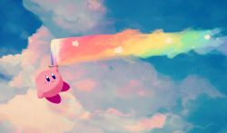 Rule 34 | blue sky, blush stickers, cloud, flying, highres, holding, kirby, kirby&#039;s dream land 3, kirby (series), nintendo, rainbow, rainbow sword, sky, smile, star (symbol), suyasuyabi, sword, ufo, ufo (kirby), weapon