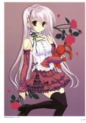 Rule 34 | 1girl, absurdres, bare shoulders, black thighhighs, detached sleeves, gothic lolita, highres, lolita fashion, long hair, looking at viewer, mitha, original, red eyes, shoes, silver hair, skirt, smile, solo, standing, standing on one leg, stuffed animal, stuffed rabbit, stuffed toy, thighhighs
