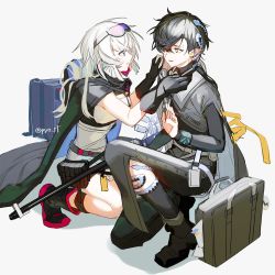 Rule 34 | 1boy, 1girl, arknights, cloak, corroserum (arknights), creator connection, feather hair, gloves, grey eyes, hair over one eye, highres, infection monitor (arknights), kiri (pyonta), long hair, mulberry (arknights), parted lips, pointy ears, short hair, staff, twitter username, white hair, yellow eyes