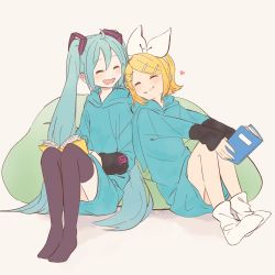 Rule 34 | 2girls, ahoge, aqua hair, aqua nails, bean bag chair, blonde hair, blue hoodie, blush, book, bow, closed eyes, closed mouth, commentary, facing another, full body, hair bow, hair ornament, hairclip, happy, hatsune miku, heart, highres, holding, holding book, hood, hoodie, kagamine rin, light blush, long hair, m0ti, multiple girls, nail polish, open mouth, short hair, side-by-side, sitting, smile, socks, swept bangs, thighhighs, twintails, two-tone shirt, very long hair, vocaloid, white bow